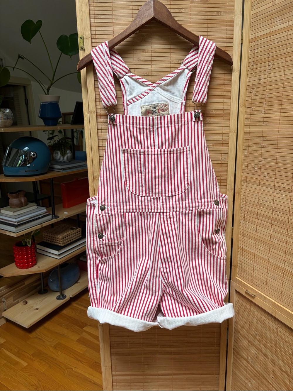 Vintage Express Denim Red and White Striped Short Overalls Romper